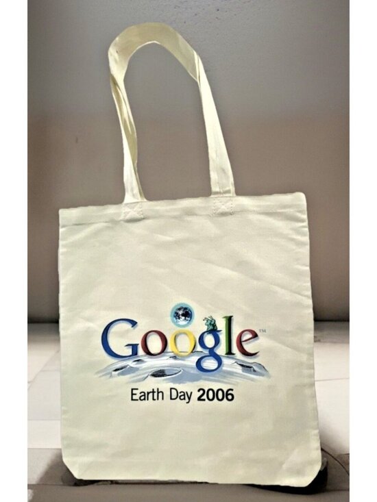google Handbags - Google Tote Bag Earth Day 2006 Print 100% Cotton 15in x 13.7in Book Grocery